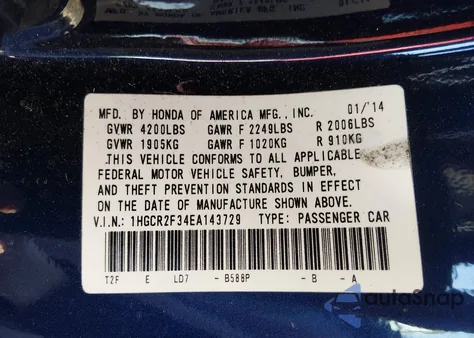 2014 Honda Accord Lx from USA, damaged, VIN 1HGCR2F34EA143729